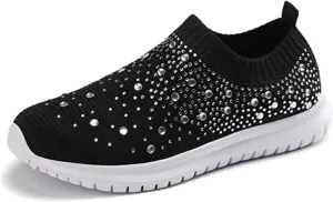 Women's Crystal Breathable Orthopedic Slip On Walking Shoes, Sparkle Rhinestone Slip On Loafers, Knitted Anti-Slip Sneakers Casua