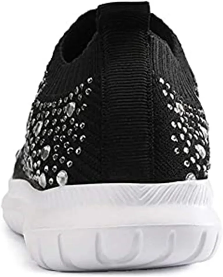 Women's Crystal Breathable Orthopedic Slip On Walking Shoes, Sparkle Rhinestone Slip On Loafers, Knitted Anti-Slip Sneakers Casua