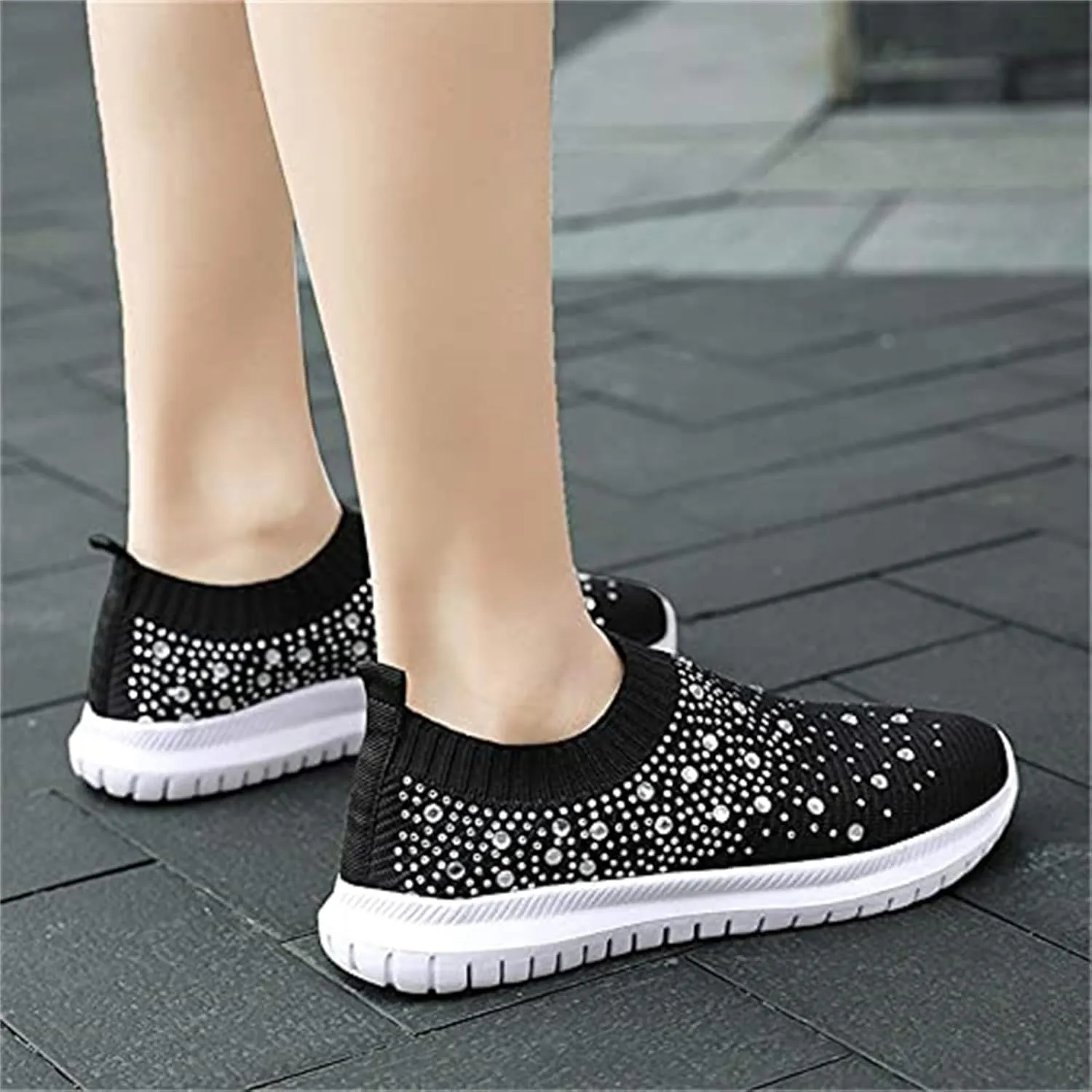 Women's Crystal Breathable Orthopedic Slip On Walking Shoes, Sparkle Rhinestone Slip On Loafers, Knitted Anti-Slip Sneakers Casua