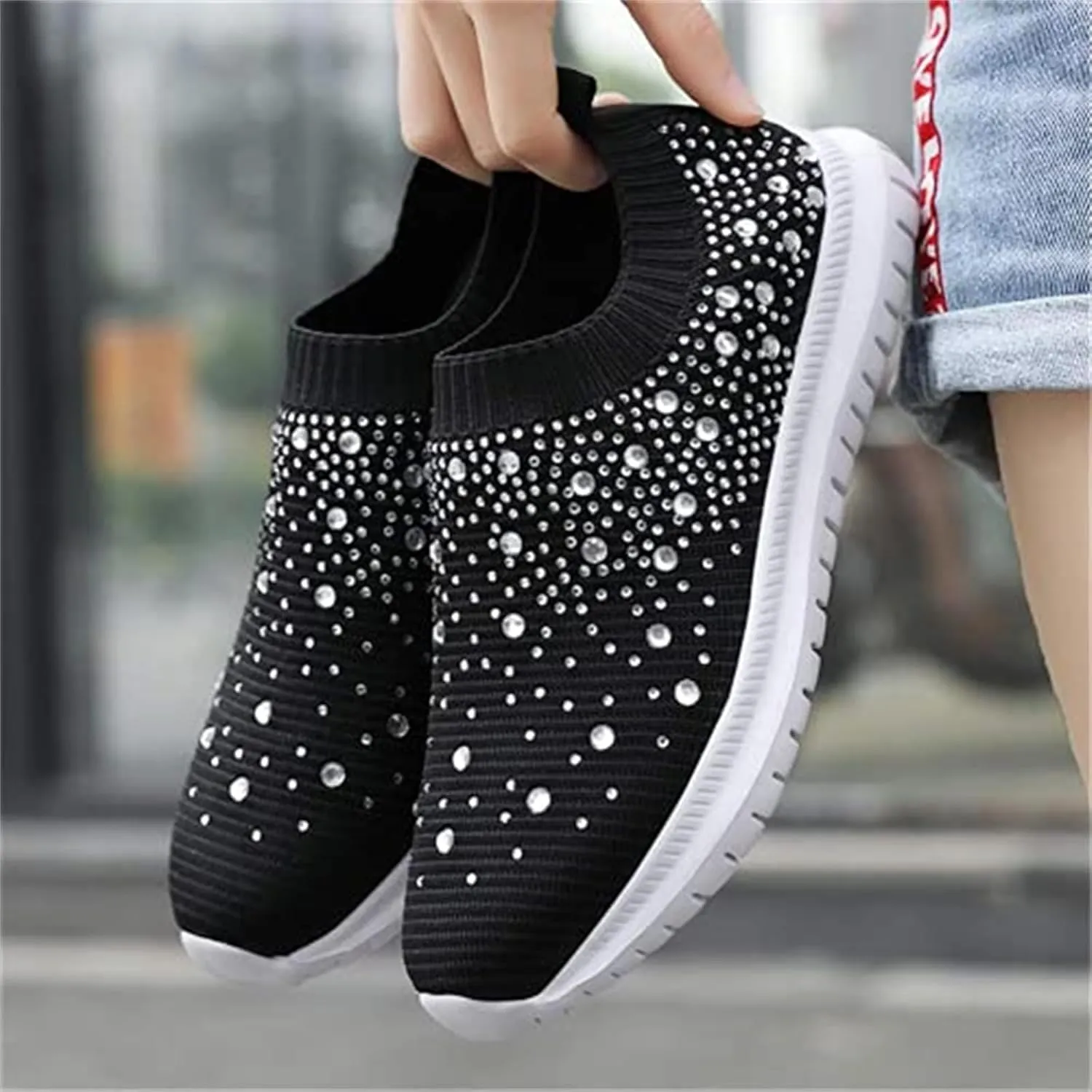 Women's Crystal Breathable Orthopedic Slip On Walking Shoes, Sparkle Rhinestone Slip On Loafers, Knitted Anti-Slip Sneakers Casua
