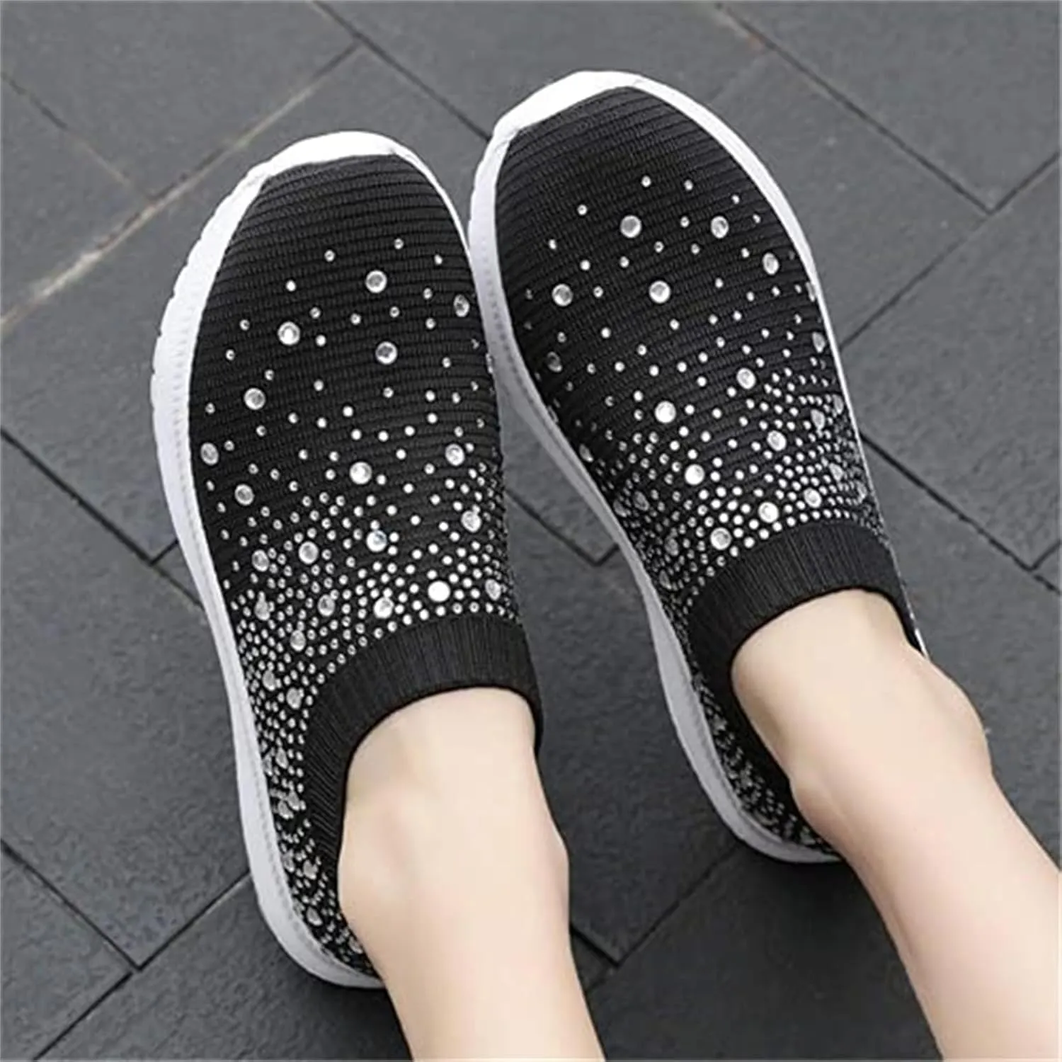 Women's Crystal Breathable Orthopedic Slip On Walking Shoes, Sparkle Rhinestone Slip On Loafers, Knitted Anti-Slip Sneakers Casua