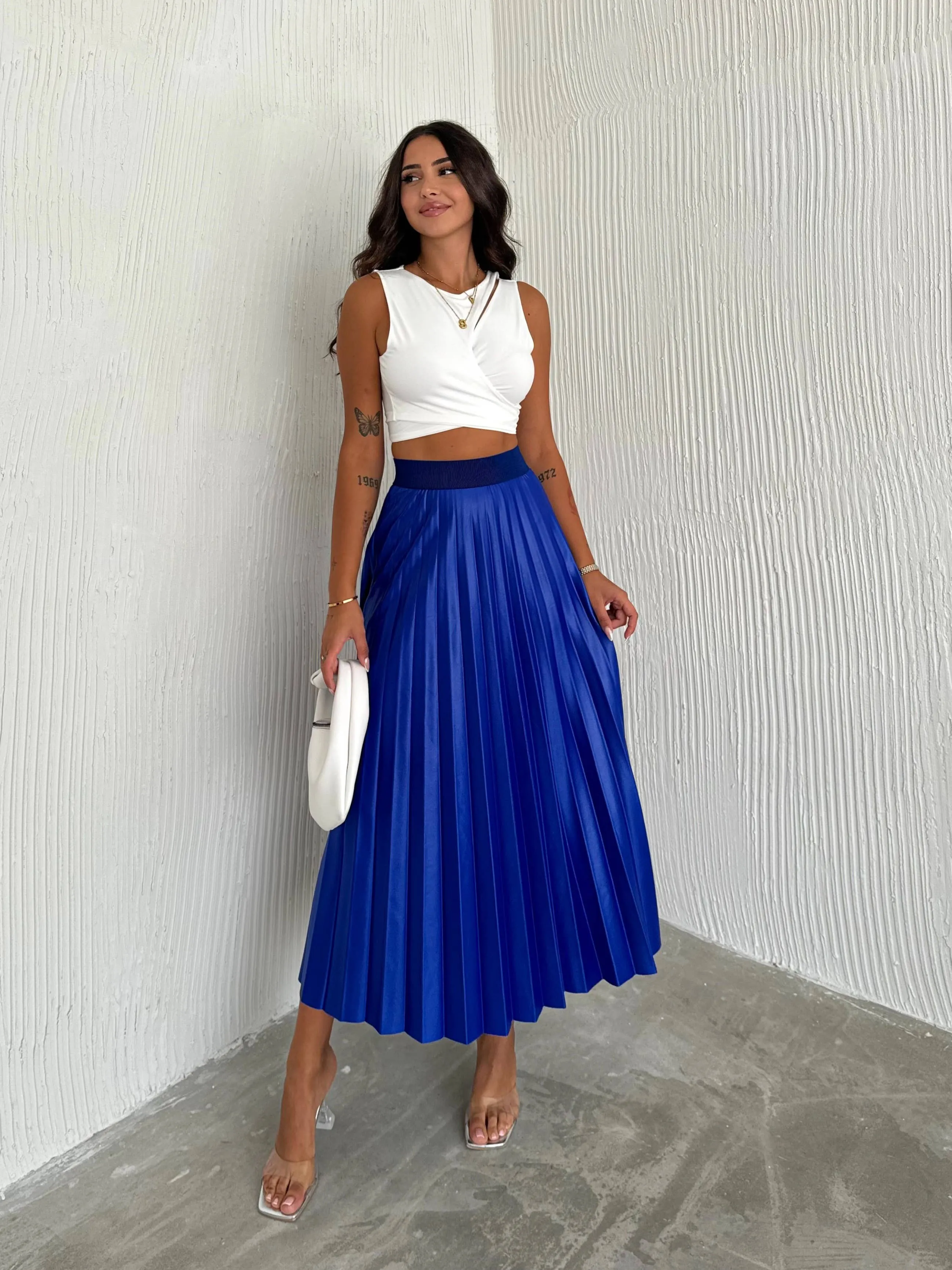 Women's Pleated Skirt Long Solid Color Skirt Modest Skirt: Beige / L/XL
