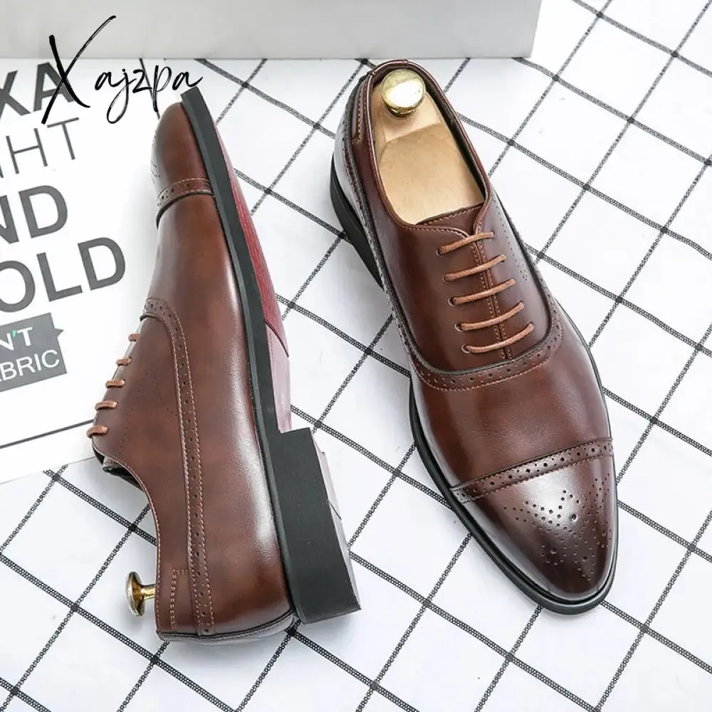 Xajzpa - Oxfords Men Shoes Red Sole Fashion Business Casual Party Banquet Daily Retro Carved Lace-up Brogue Dress Shoes
