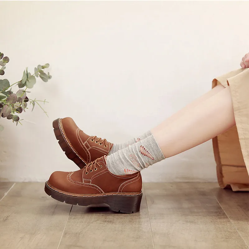 xakxx Female Big Head Student Soft Brock Flats Retro British College Wind Genuine Split Leather Shoes Women Thick Bottom Oxfords