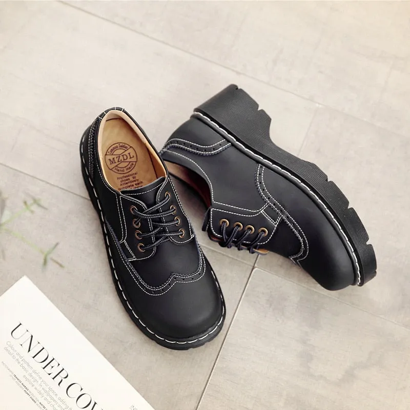 xakxx Female Big Head Student Soft Brock Flats Retro British College Wind Genuine Split Leather Shoes Women Thick Bottom Oxfords
