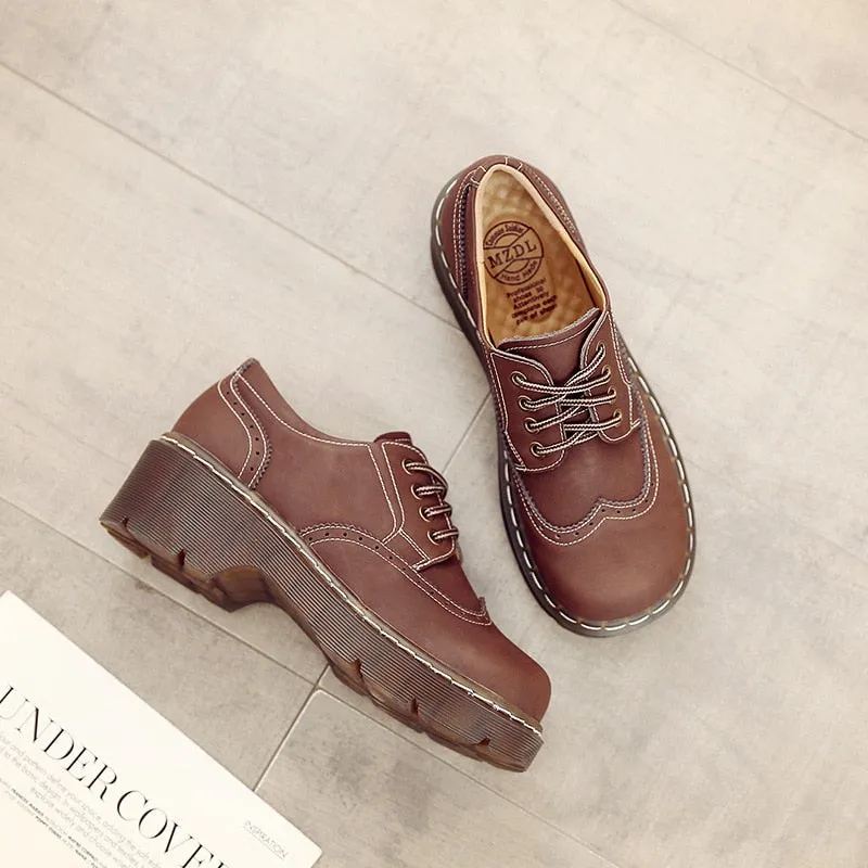 xakxx Female Big Head Student Soft Brock Flats Retro British College Wind Genuine Split Leather Shoes Women Thick Bottom Oxfords