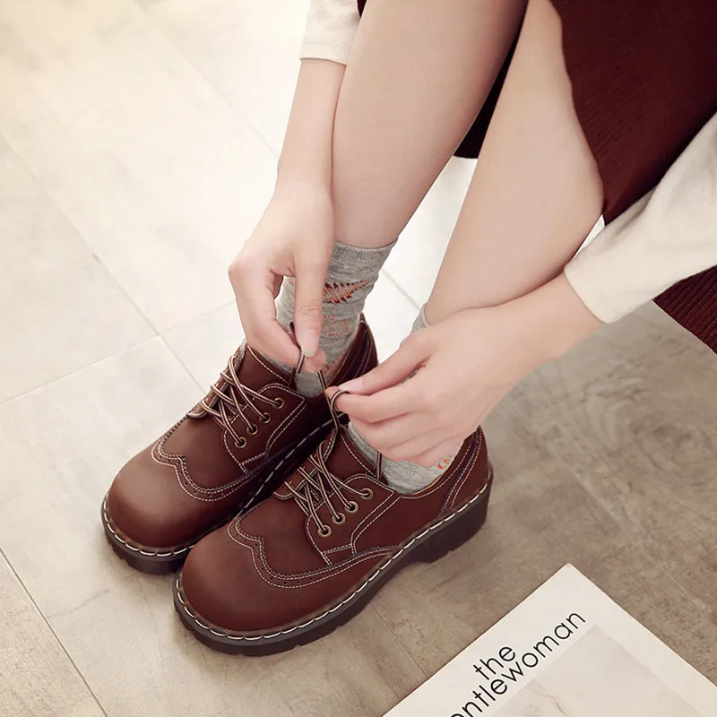 xakxx Female Big Head Student Soft Brock Flats Retro British College Wind Genuine Split Leather Shoes Women Thick Bottom Oxfords