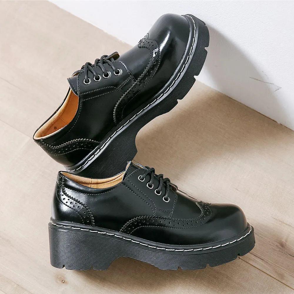 xakxx Female Big Head Student Soft Brock Flats Retro British College Wind Genuine Split Leather Shoes Women Thick Bottom Oxfords