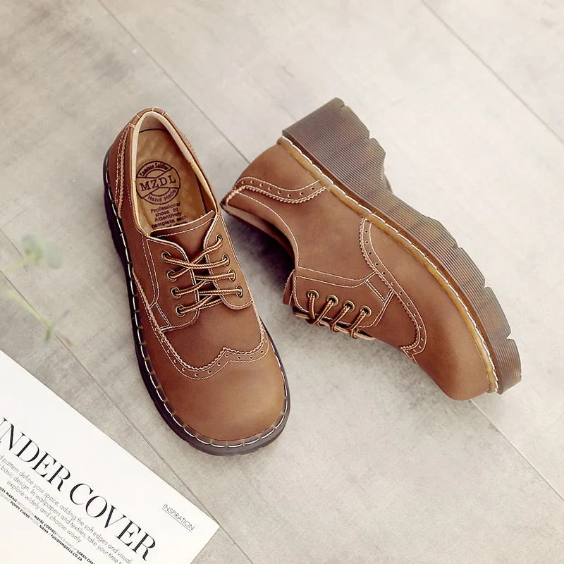 xakxx Female Big Head Student Soft Brock Flats Retro British College Wind Genuine Split Leather Shoes Women Thick Bottom Oxfords