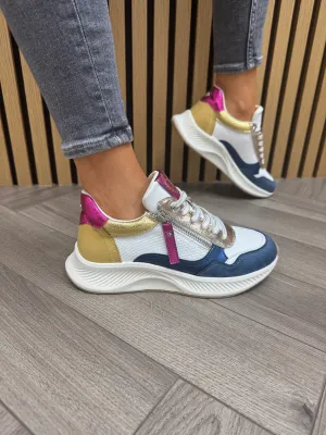 XTI 143928 (SS25) Lace Up Trainer with Coloured Inserts - Jeans (X12)