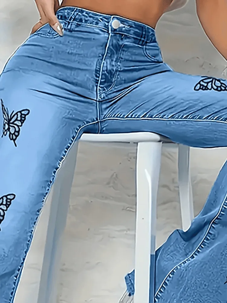 Y2K High-Waist Butterfly Print Flare Jeans – Trendy & Loose-Fit Fall Denim