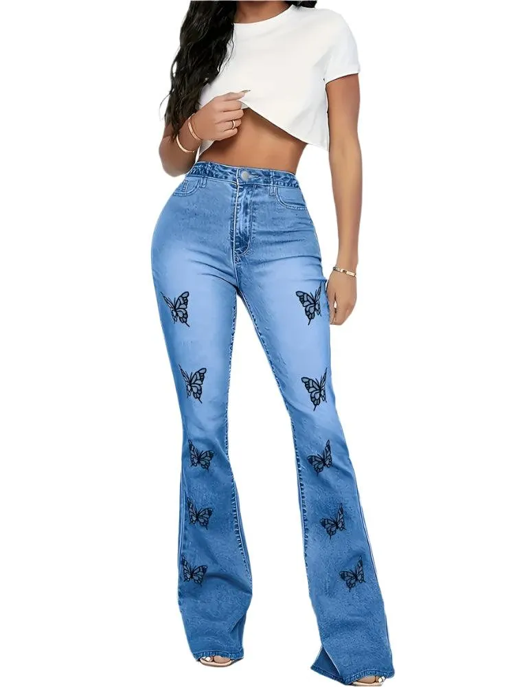 Y2K High-Waist Butterfly Print Flare Jeans – Trendy & Loose-Fit Fall Denim