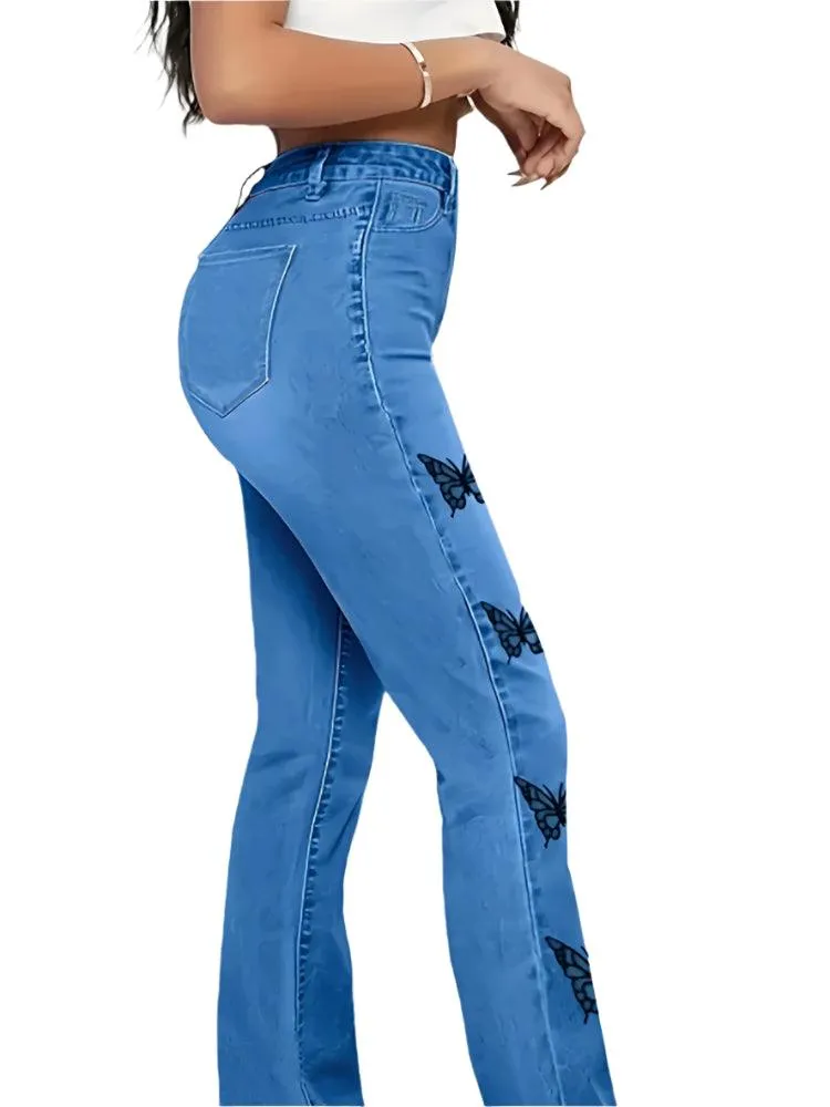 Y2K High-Waist Butterfly Print Flare Jeans – Trendy & Loose-Fit Fall Denim