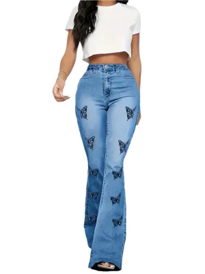 Y2K High-Waist Butterfly Print Flare Jeans – Trendy & Loose-Fit Fall Denim